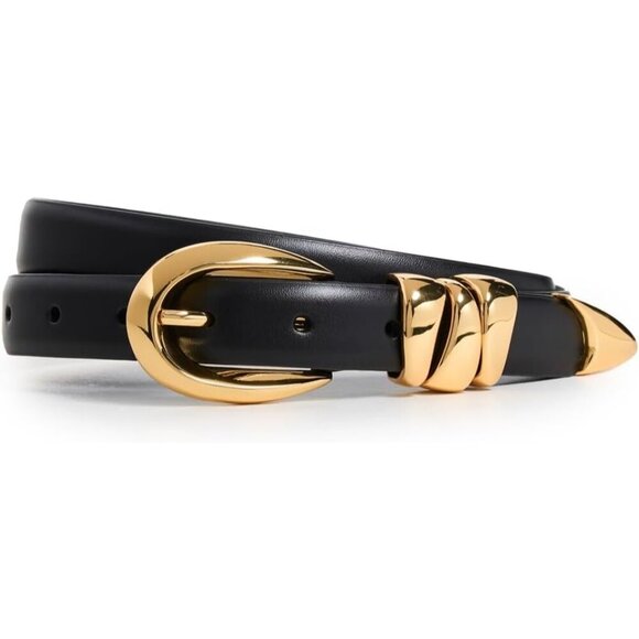 Women\'s Leather Belt Chunky Metal True Black Gold Hardware Large